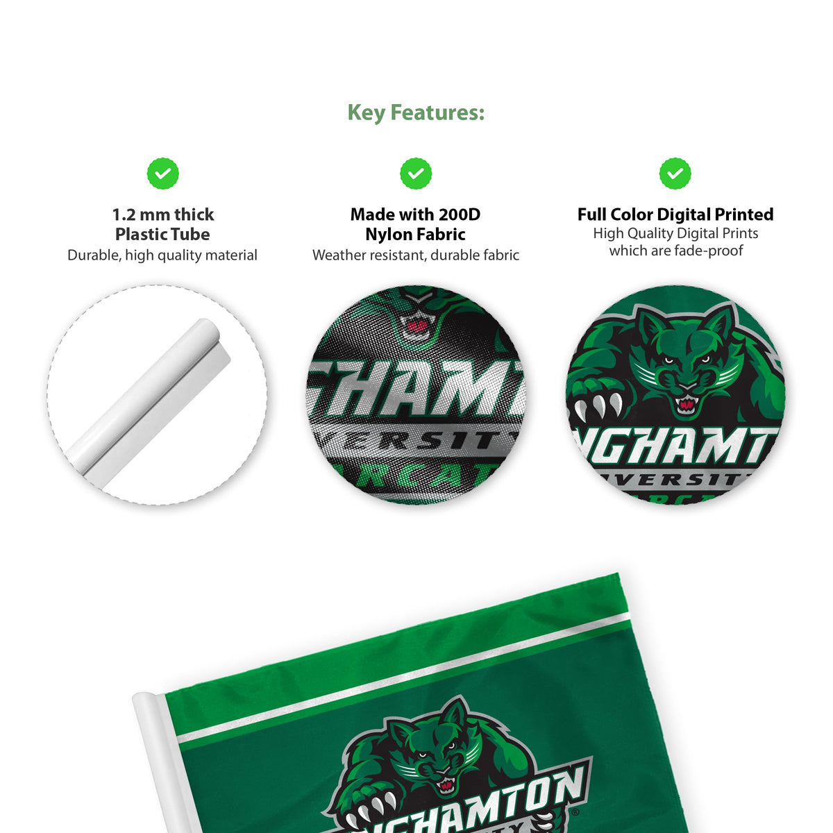 AGAS Binghamton University Golf Flag 14 x 20 inch – Single Sided Printed Nylon BU Bearcats Mascot and Wordmark Design – Official NCAA Binghamton Bearcats Flag – Golf Display with Plastic Tube Insert and Reinforced Stitched Edges