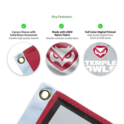 AGAS Temple Owls Wordmark Logo Flag 4 x 6 ft – Single Sided Printed Nylon – Officially Licensed NCAA Product – Temple University Outdoor Flag with Brass Grommets, Canvas Header and Reinforced Corner Stitching for Indoor Outdoor Display