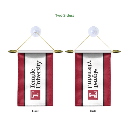 AGAS Temple University Text and T Logo Mini Banner 4 x 6 inch – Single Sided Printed Satin – Officially Licensed NCAA Product – Temple Owls Hanging Banner with Cross Bar, Hanging Cord and Suction Cup Individually Bagged