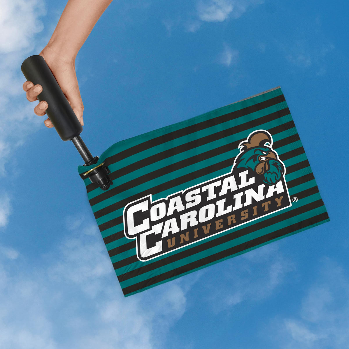 AGAS Coastal Carolina CCU Chanticleers Swirler Flag, Coastal Carolina Merch, Polyester, Built-in Plastic Handle Bar