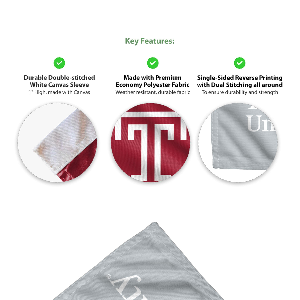 AGAS Temple University T Logo and Text Garden Flag 12 x 18 inch – Single Sided Printed Polyester with Bleed Through – Officially Licensed NCAA Product – Temple Owls Outdoor Flag with 1 inch Canvas Sleeve and Reinforced Stitching - No Pole Included