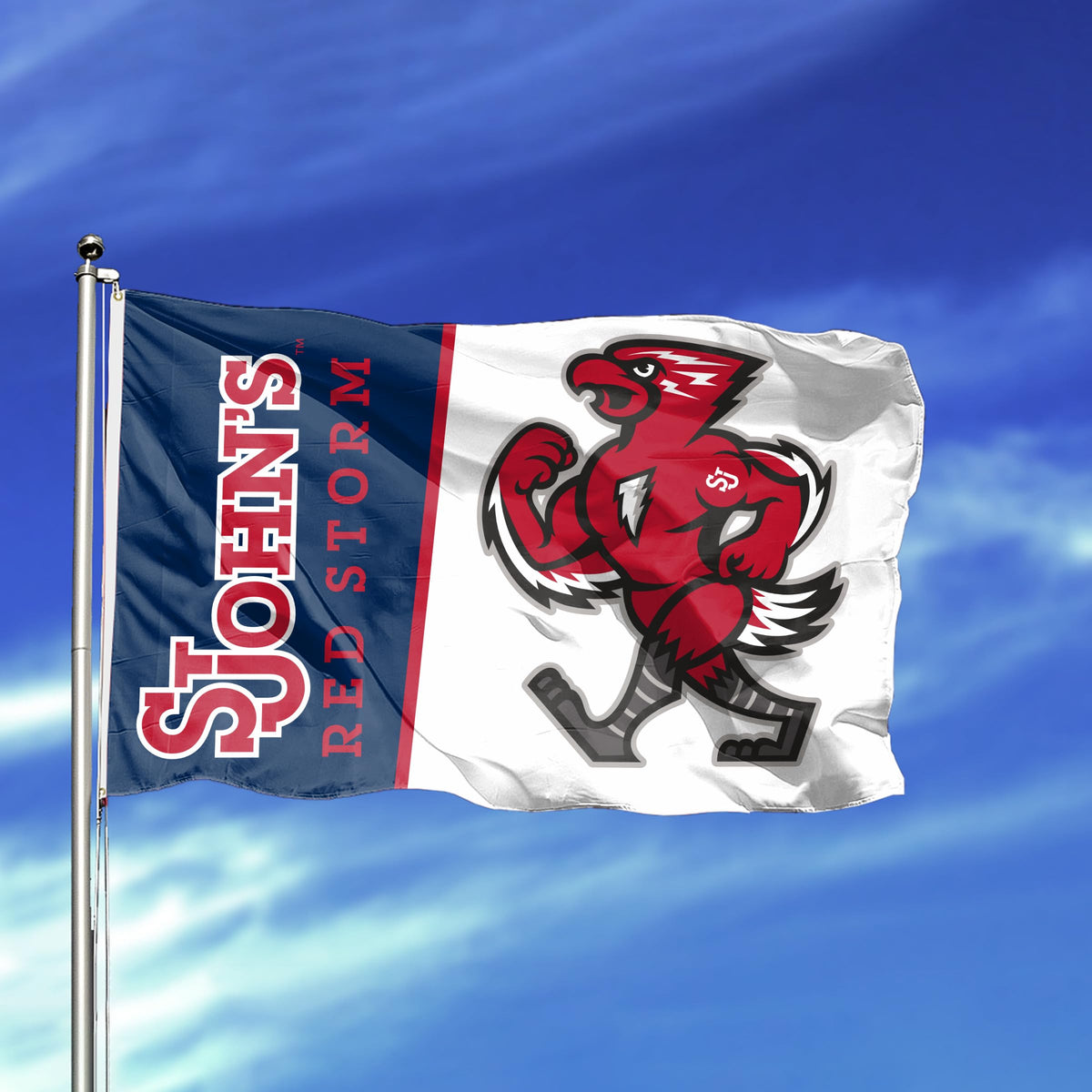 AGAS St. John’s University Flag 3 x 5 ft – Single Sided Printed Polyester SJU Red Storm Mascot Design – Official NCAA Red Storm Flag – Outdoor Display with Canvas Header, Brass Grommets and Reinforced Stitched Edges