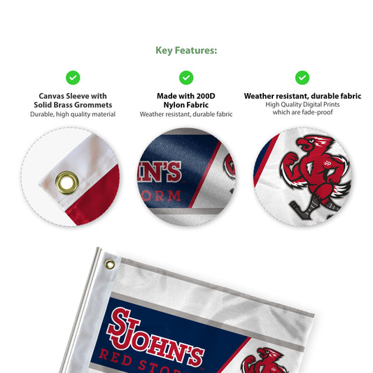 AGAS St. John's University Golf Flag 14 x 20 inch – Single Sided Printed Nylon SJU Red Storm Mascot Design – Official NCAA Red Storm Flag – Golf Course Display with Canvas Header and Brass Grommets