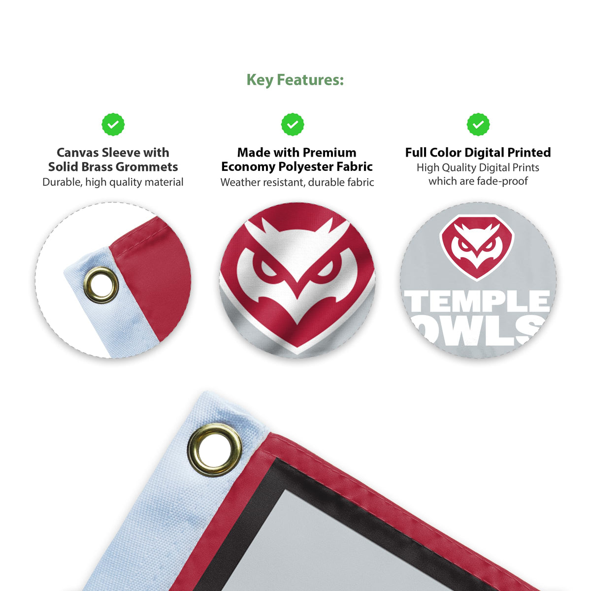 AGAS Temple Owls Wordmark Logo Flag 3 x 5 ft – Single Sided Printed Polyester – Officially Licensed NCAA Product – Temple University Outdoor Flag with Brass Grommets, Canvas Header and Reinforced Stitched Edges for Indoor Outdoor Display