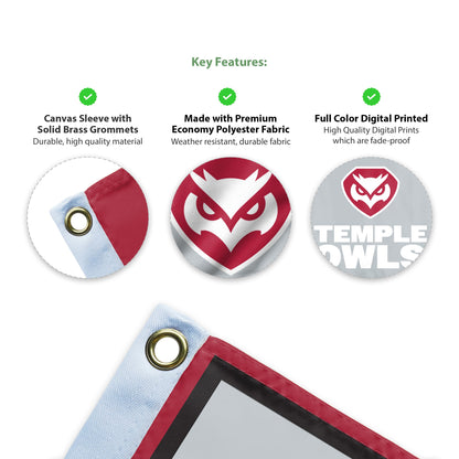 AGAS Temple Owls Text Logo Flag 2 x 3 ft – Single Sided Printed Polyester – Officially Licensed NCAA Product – Temple Owls Outdoor Flag with Brass Grommets, Canvas Header and Reinforced Stitched Edges for Indoor Outdoor Display