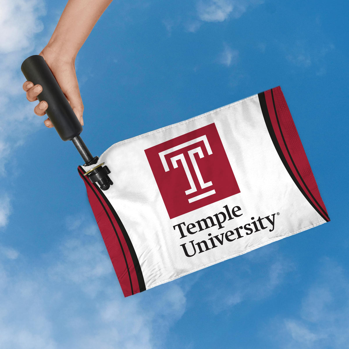 AGAS Temple University Block T and Wordmark Swirler Flag 12 x 18 inch – Single Sided Printed ePoly 1 Ply with Bleed Through – Officially Licensed NCAA Product – Temple Owls Swivel Flag with 1.5 inch Canvas Header, Brass Grommet and Stitched Edges