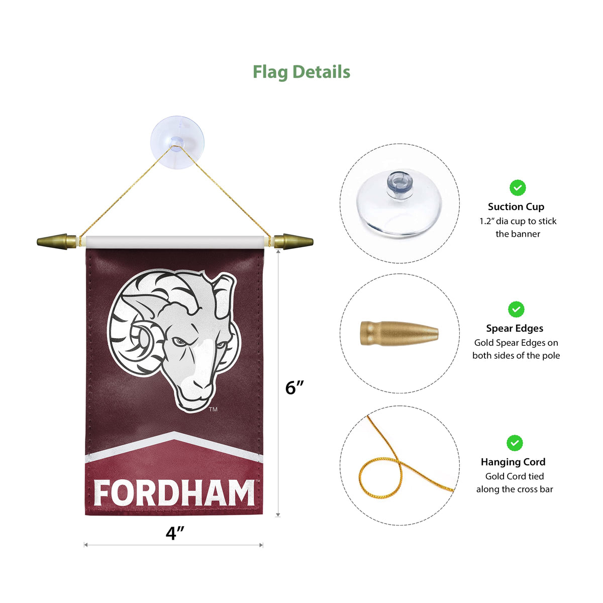AGAS Fordham University Mini Banner 4 x 6 inch – Single Sided Printed Satin Fordham Rams Banner Ram Head and Fordham Text Design – Official NCAA Product – Fordham University Hanging Banner with Cross Bar, Hanging Cord and Suction Cup