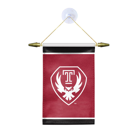 AGAS Temple Owls Shield Logo Mini Banner 4 x 6 inch – Single Sided Printed Satin – Officially Licensed NCAA Product – Temple University Hanging Banner with Cross Bar, Hanging Cord and Suction Cup