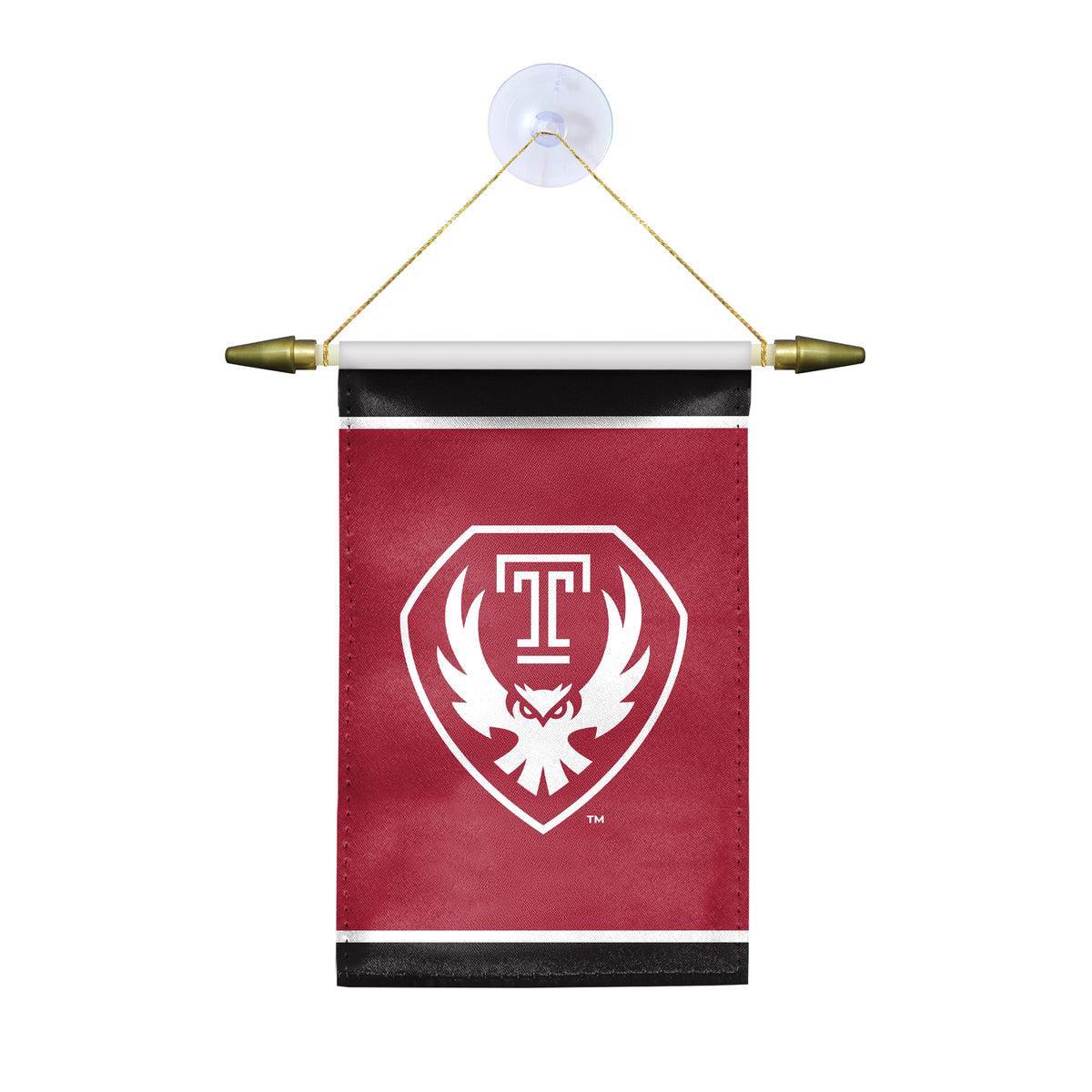 AGAS Temple Owls Shield Logo Mini Banner 4 x 6 inch – Single Sided Printed Satin – Officially Licensed NCAA Product – Temple University Hanging Banner with Cross Bar, Hanging Cord and Suction Cup