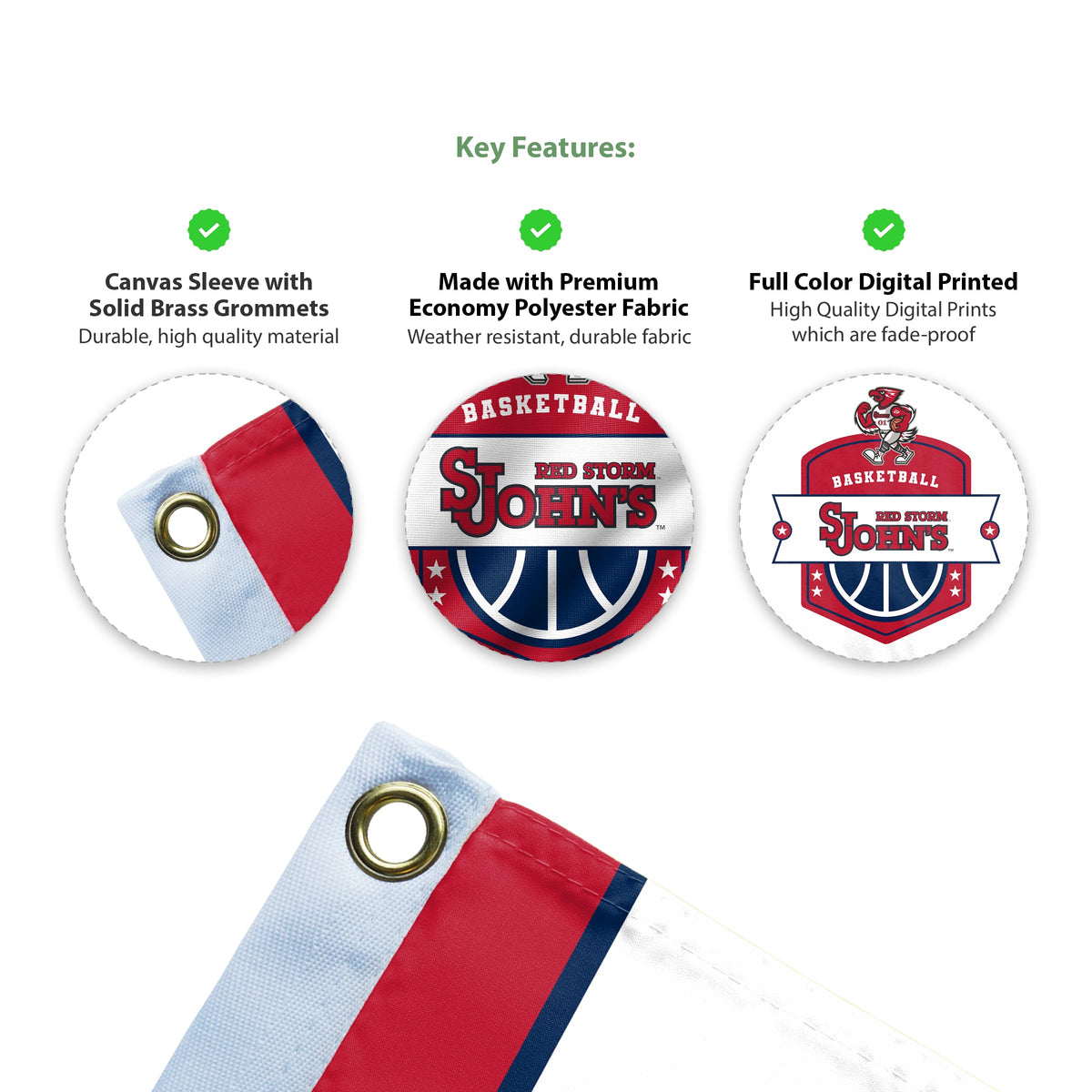 AGAS St. John's University Flag 3 x 5 ft – Single Sided Printed Polyester SJU Red Storm Basketball Crest Design – Official NCAA Red Storm Flag – Outdoor Display with Canvas Header, Brass Grommets and Reinforced Stitched Edges