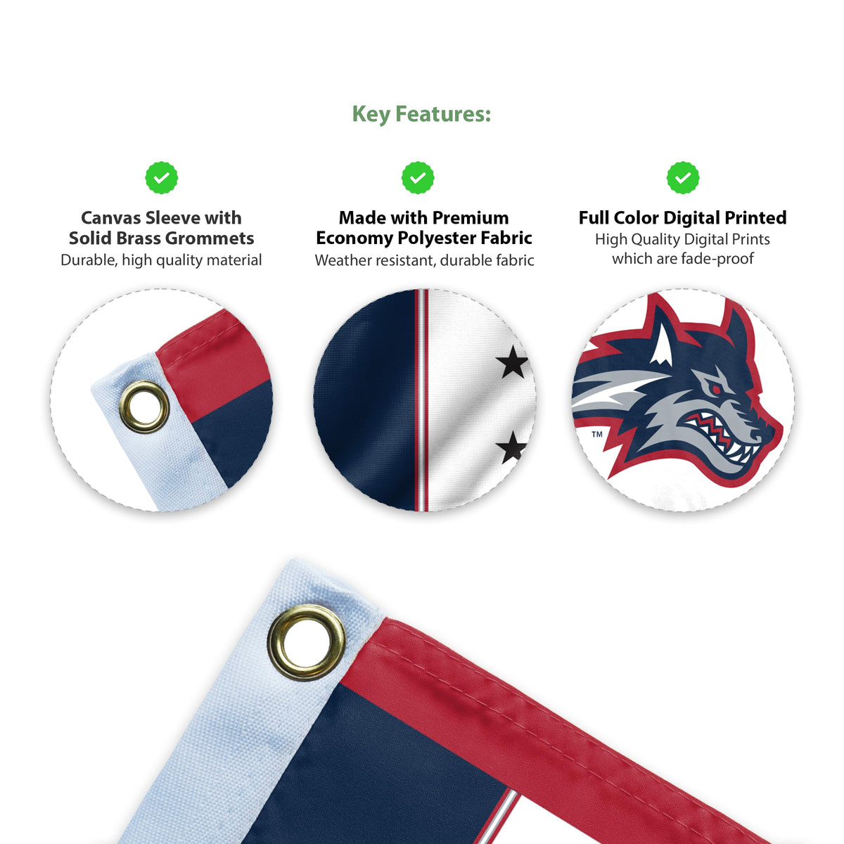 AGAS Stony Brook University Flag 3 x 5 ft – Single Sided Printed Polyester Stony Brook Spirit Design – Official NCAA SBU Product – Outdoor Display with Canvas Header, Brass Grommets and Reinforced Stitched Edges