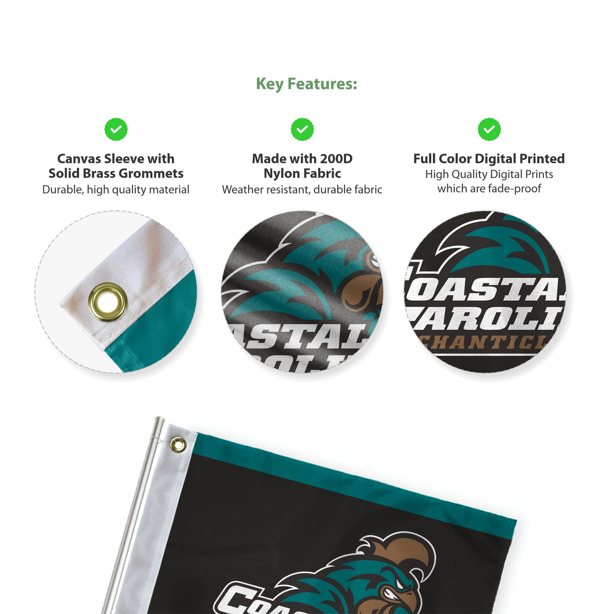 AGAS Coastal Carolina Chanticleers Banner for Golf Course Brass Grommets 6x8 inches, Waterproof Durable 200D Nylon, Ideal for Backyard Practice Mini Putting Green, Country Club