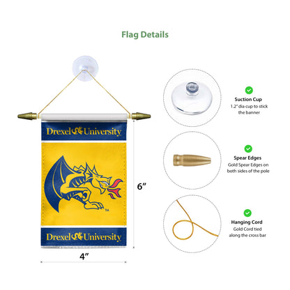 AGAS Small Drexel DU University Banner - Blue House Flag with Suction Cup 4x6 Inch - Dragons Mini Flags for Car Rearview Mirror and Window Décor